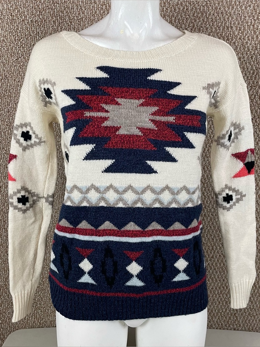 American Eagle Sweater Womens XS Cream Navy Aztec Western Boho Pullover C7